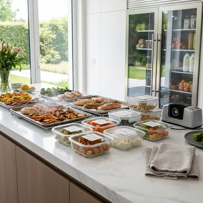 Trays of roasted proteins and vegetables with labeled containers