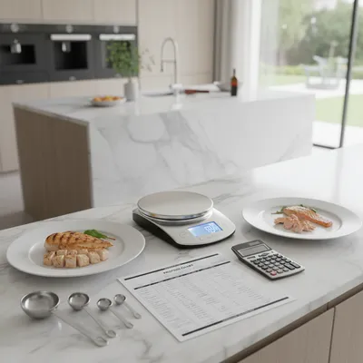 Protein calculation tools on marble counter in luxury kitchen