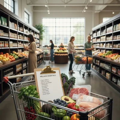 High-end grocery cart with wellness essentials and list