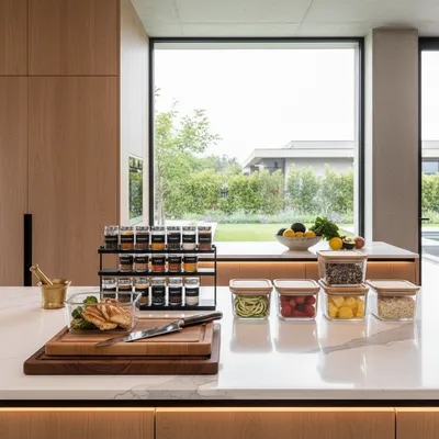 Organized meal prep supplies in a luxury modern kitchen