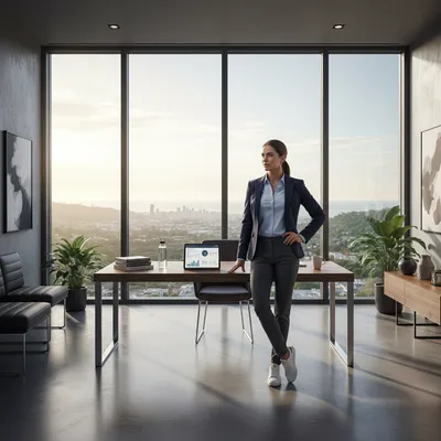 Athletic person in a luxury home office, ready to begin transformation