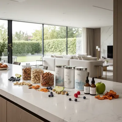 Healthy snacks and supplements in a clean, modern setting
