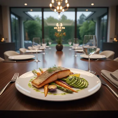 Elegant dinner plate with premium protein and roasted vegetables