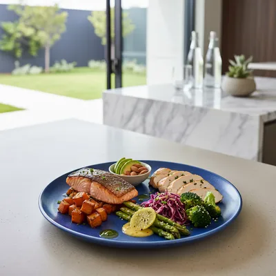 Protein-rich lunch with colorful vegetables and healthy fats