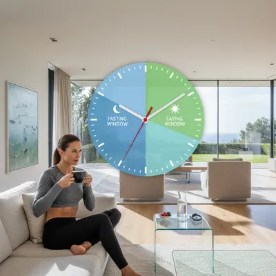 Intermittent fasting clock with athletic person and black coffee