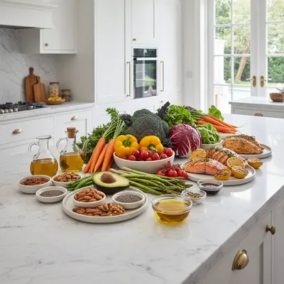 Colorful whole foods in a luxury kitchen