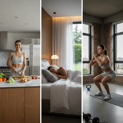Triptych of eat, sleep, and workout in a modern luxury setting