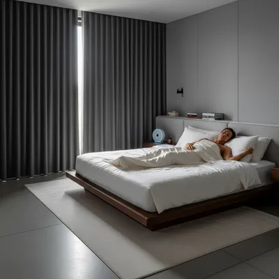 Athletic person sleeping peacefully in a dark, modern bedroom