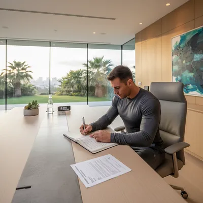 Athletic person signing a commitment at a modern desk