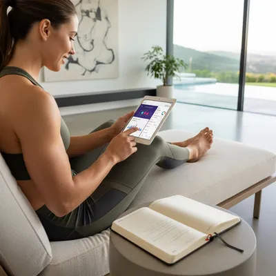 Athletic person updating a fitness journal in a luxury setting